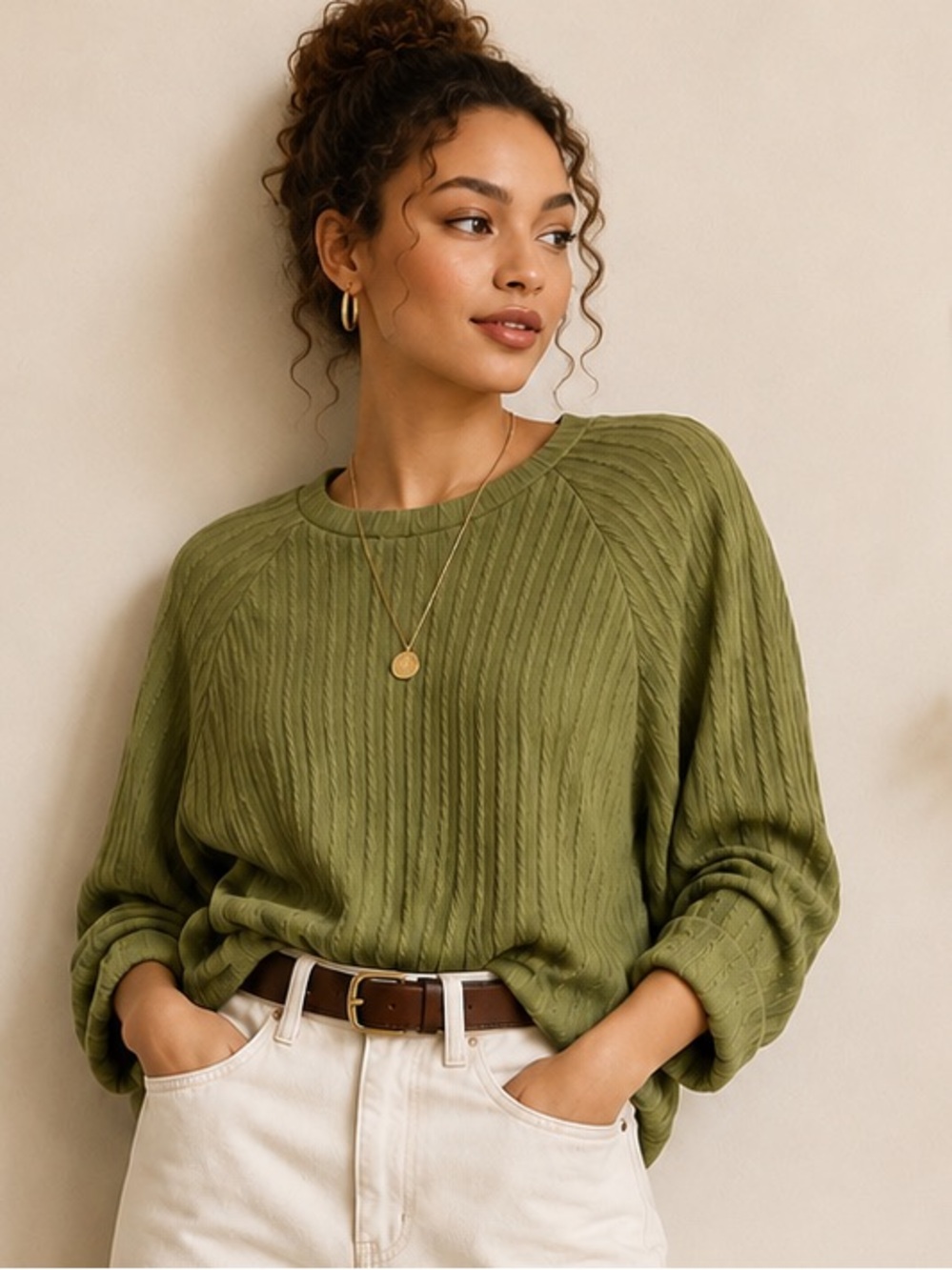 Relaxed Cable-Knit Pullover Sweater - Olive Green